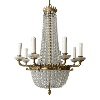French Empire-Style Brass and Crystal Beaded Chandelier For Sale