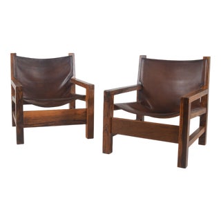 French Armchairs in Olive Wood and Saddle Leather, 1970s, Set of 2 For Sale