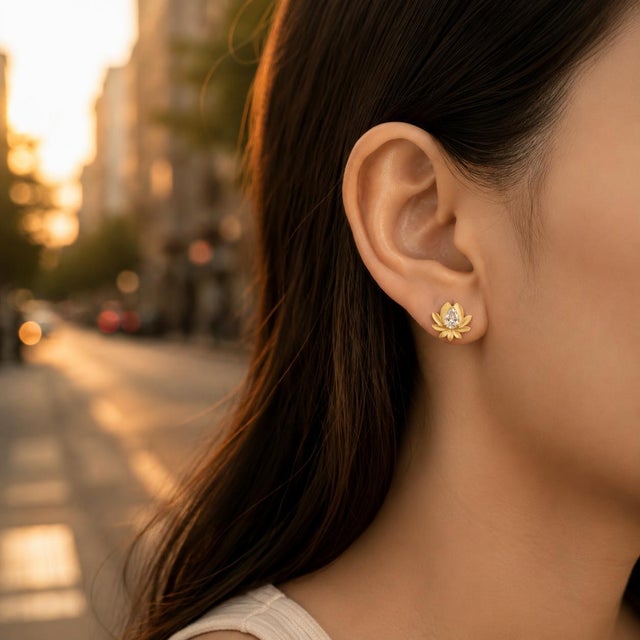Not Yet Made - Made To Order Pear-Cut Moissanite Lutus Flower Earrings Studs, Silver, Gold, Pair For Sale - Image 5 of 8