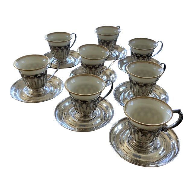 Antique Wagoner Sterling Silver and Lenox Demitasse Cups and Saucers Set- 16 Pieces For Sale