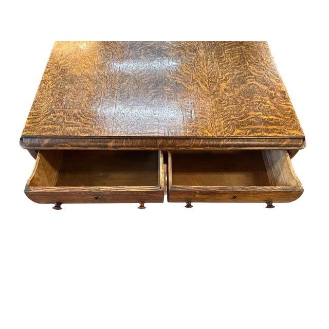 Wood Early 20th Century Figured Oak Two-Drawer Writing Table With Stretcher Base Circa 1920 For Sale - Image 7 of 12