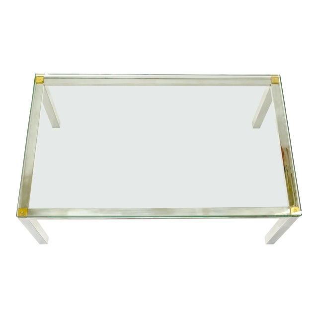 Polished Stainless Steel & Brass Glass Top Rectangle Coffee Table Mid Century For Sale