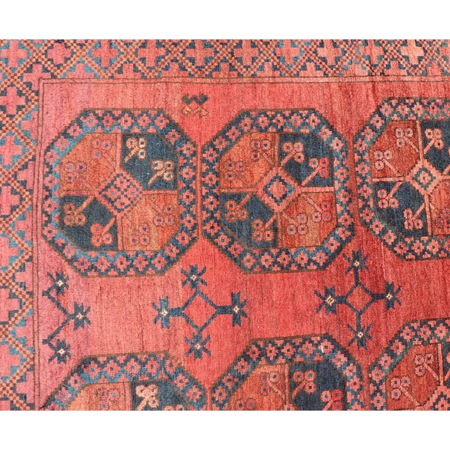 Early 20th Century Hand-Knotted Turkomen Ersari Rug in Wool With Gul Design in Red, Orange and Blue For Sale - Image 9 of 13