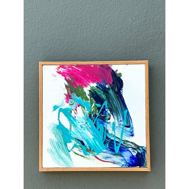This vibrant original abstract oil painting is a captivating example of late 20th-century expressionism. Featuring a...