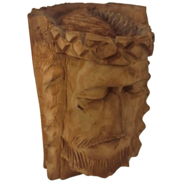 1930s Hand-Carved Wooden Face Sculpture Holiday Nativity For Sale - Image 4 of 4