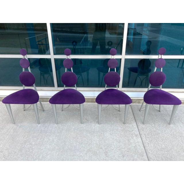 Purple American Memphis Style Dining Chairs in Purple & Green Microsuede Upholstered Panels - Set of 6 For Sale - Image 8 of 13