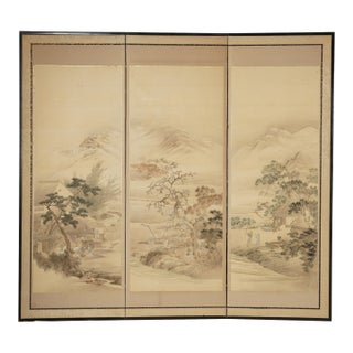Large Antique Asian 3-Panel Folding Screen With Ink Painting For Sale
