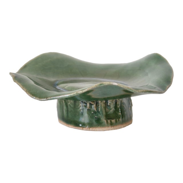Handmade Ethereal Botanical Studio Pottery Pedestal Compote Catchall Bowl With Leaf Motif For Sale