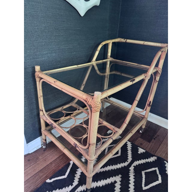 Mid 20th Century Coastal Mid Century Modern Bamboo Rattan Bar Cart For Sale - Image 5 of 11