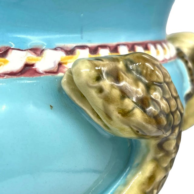 A Minton Majolica Turquoise Ground Snake-Handled Jardinière, Dated 1858 For Sale - Image 9 of 13