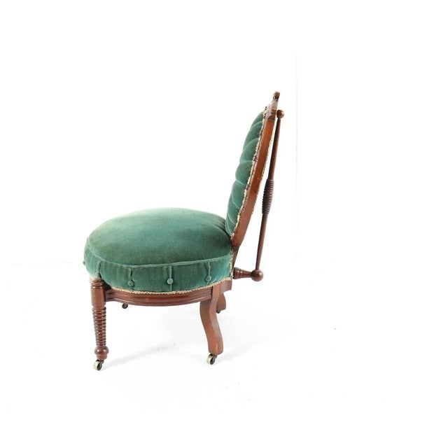 19th Century Victorian Mahogany Carved Balloon Back Emerald Velvet Chair on Casters- So Charming! For Sale - Image 4 of 8