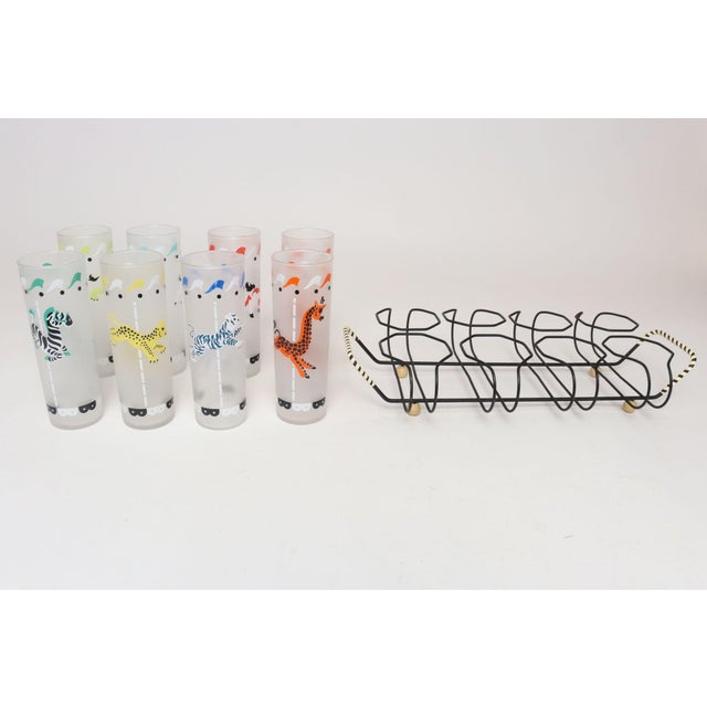 1960s Set of Eight Vintage Frosted Glasses With Animal Carousel Motif by Libbey With Carrier For Sale - Image 5 of 18