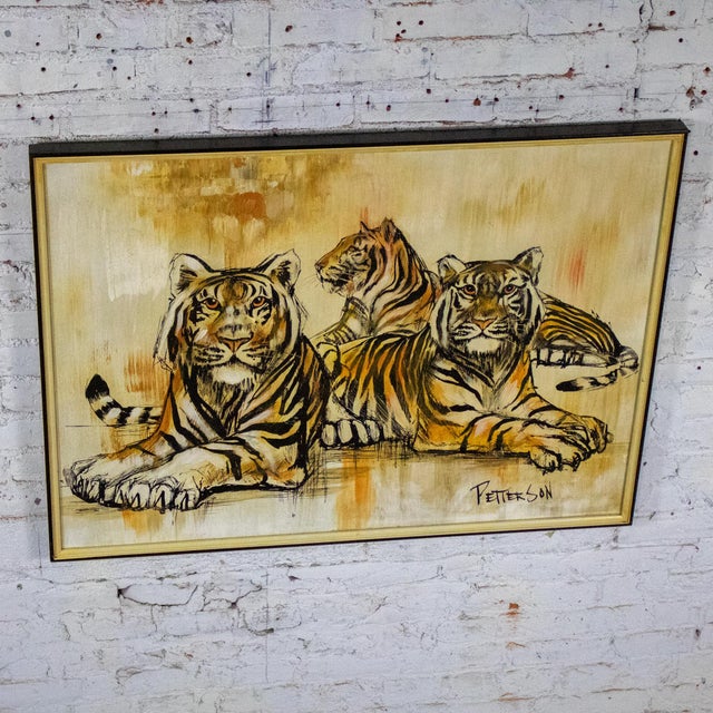 Mid-20th Century Mid-Century Modern Large Resting Tiger Canvas Painting by Pettersen Black and Gold Frame For Sale - Image 16 of 18