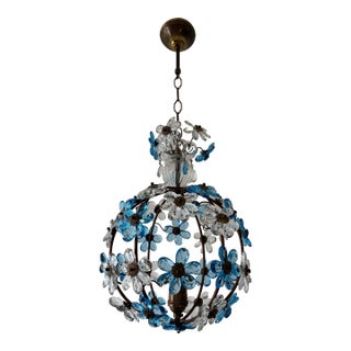 French Blue Flower Ball Crystal Prisms Maison Baguès Style Chandelier, 1920s For Sale