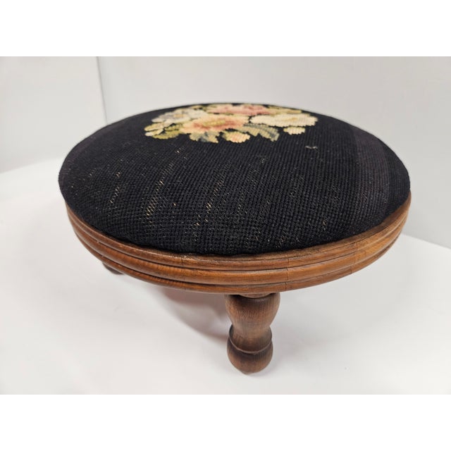 Victorian Round Needlepoint Victorian Footstool For Sale - Image 3 of 12