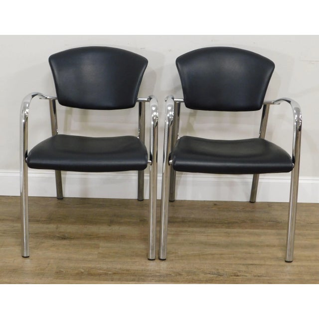 Mid-Century Modern Brayton International Collection Steelcase Chrome & Black Leather Armchairs - a Pair For Sale - Image 3 of 12
