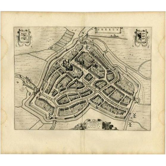 Antique Map of the City of Sneek by Blaeu, 1652 For Sale
