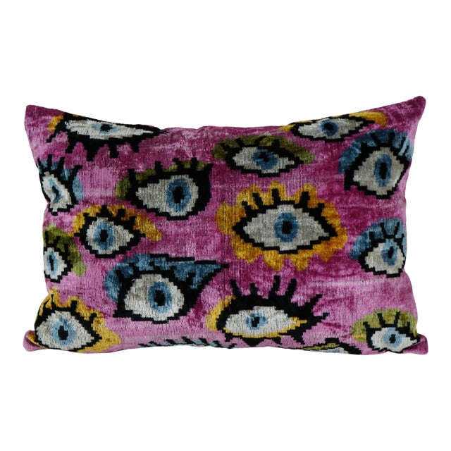 Pink Ikat Velvet Evil Eye Pillow Cover – Handmade Uzbek Decorative Throw Cushion 16'' X 24'' For Sale