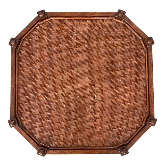 Palm Beach Regency Octagonal 3-Tier Faux Bamboo Side Table With Woven Rattan & Glass For Sale - Image 9 of 10