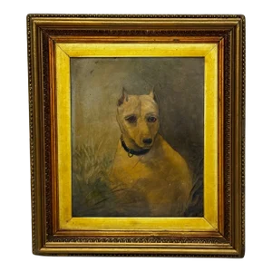 Late 19th Century Oil Painting Portrait Sad White English Terrier Dog Follower of John Emms, Framed