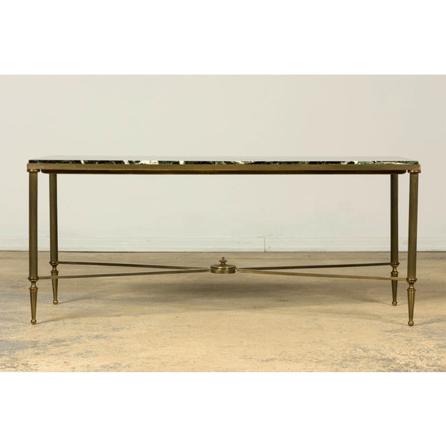 French Mid-20th Century French Maison Jansen Style Brass and Green Marble Coffee Table For Sale - Image 3 of 18