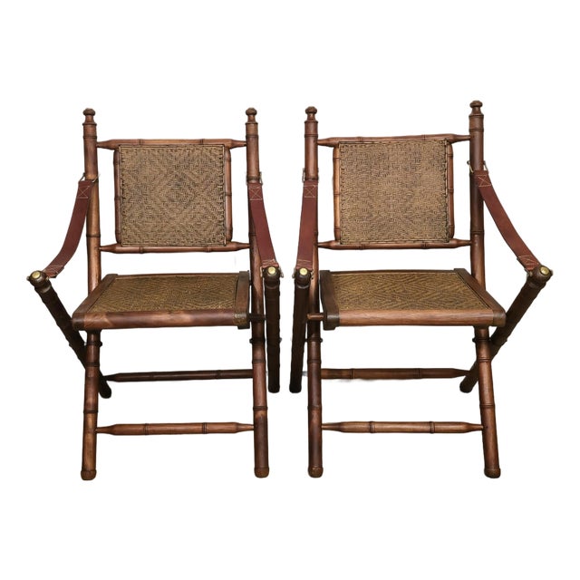 Early 20th Century Pair of British Colonial Campaign Folding Chairs · Faux Bamboo · Original Herringbone Wicker · Brass/Bronze Hardware For Sale
