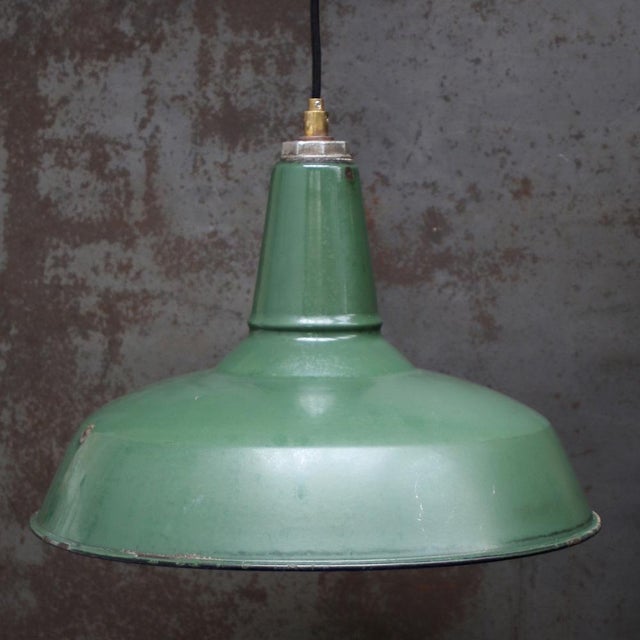 American industrial factory pendant light by benjamin usa green enamel white interior. metal top e27 / e26 this piece has...