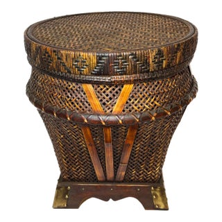 Vintage Chinese Woven Rattan Bamboo Storage Basket Side Table Brass Accent For Sale
