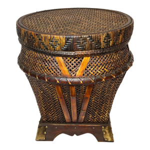 Vintage Chinese Woven Rattan Bamboo Storage Basket Side Table Brass Accent
