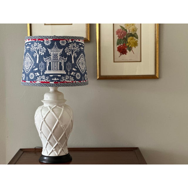 Vintage White Ceramic Bamboo Patterned Lamp With Fabric Shade For Sale - Image 9 of 10