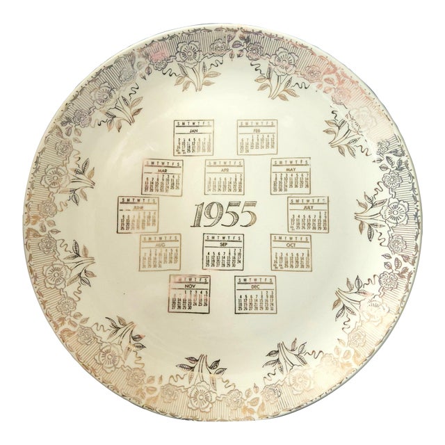 1955 Everbrite Calendar Plate With 22k Gold Trim For Sale