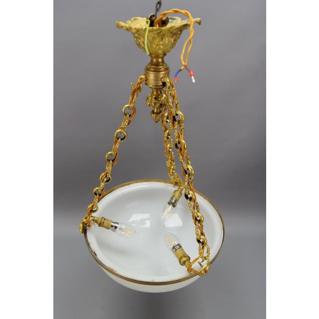French White Glass, Brass and Bronze Pendant Chandelier, 1920s For Sale - Image 14 of 18