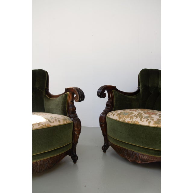 Pair of Danish Carved Lounge Chairs in Green Velvet, 1920s. A rare set of gorgeous antique armchairs in a rich dark green...
