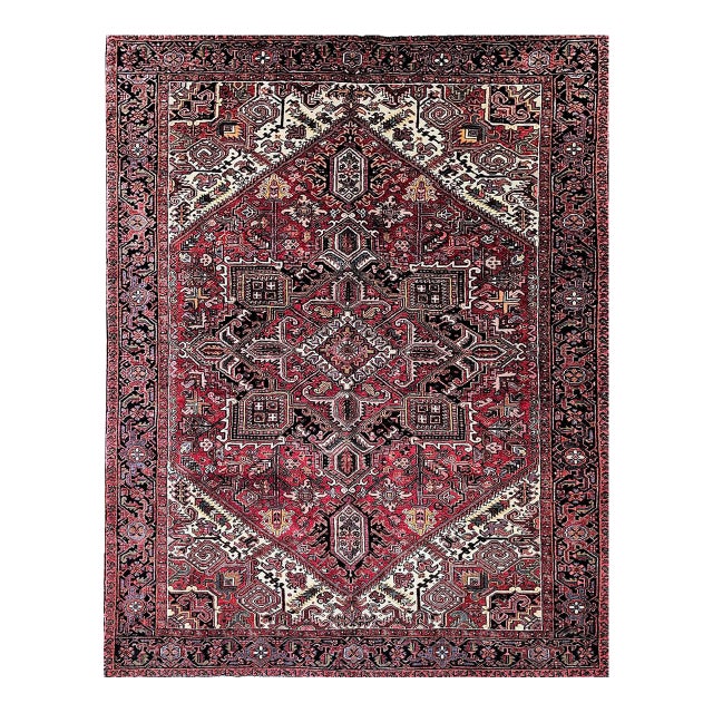 Vintage Heriz Rug, Hand-Knotted Wool, Geometric Medallion Pattern, Red & Navy, 8x10 For Sale