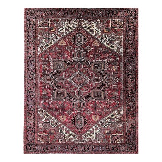 Vintage Persian Heriz Rug, Hand-Knotted Wool, Geometric Medallion Pattern, Red & Navy, 8x10 For Sale