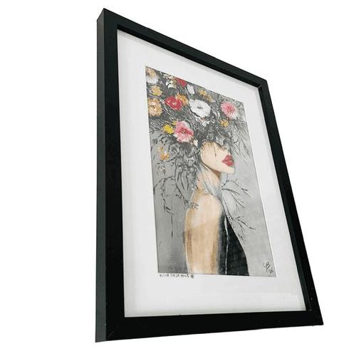 Acrylic Painting Fleur De La Nuit Woman with Flowers in Wood Veneer Frame For Sale - Image 6 of 8