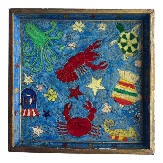 Colorful Handpainted Square Tray With Sea Creatures For Sale