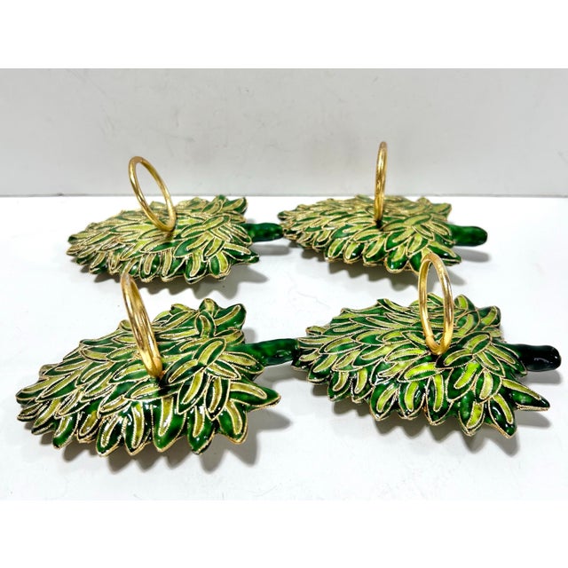 Metal Vintage Cloisonné Christmas Tree Napkin Rings With Golden Pears, Set of 4 For Sale - Image 7 of 9