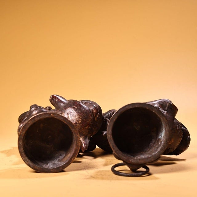 Pair of Antique Chinese Gilt Bronze Foo Dog Candle Holders With Ring Handles For Sale - Image 9 of 10