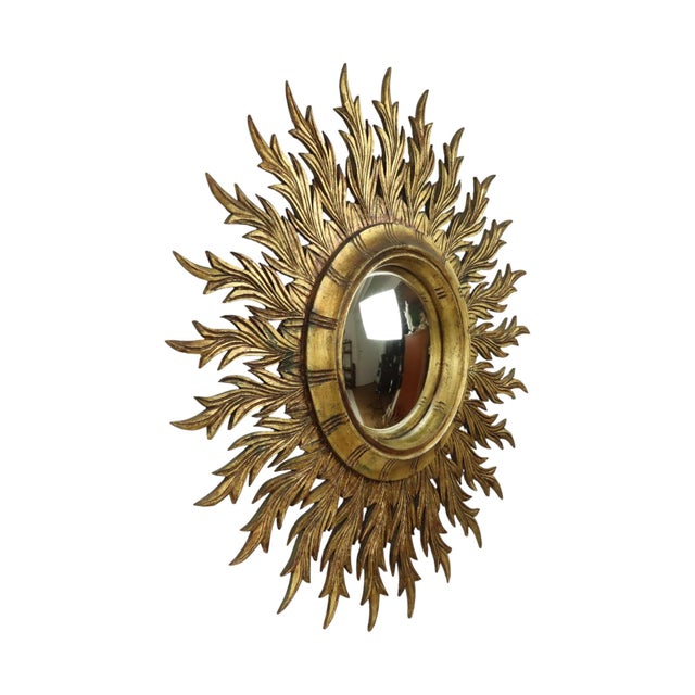 Mid-Century Modern Large Gold Leaf Gilt Wood Sunburst Mirror, 1950s For Sale - Image 3 of 18