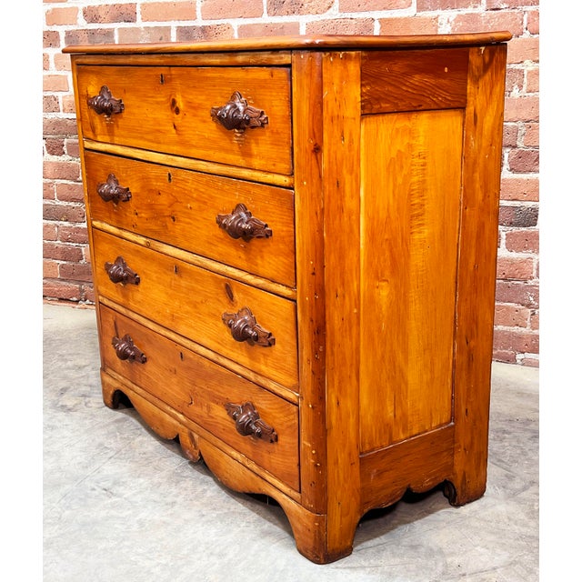 Wood Antique 19th C. Cottage Pine 4 Drawer Dresser / Chest With Walnut Carved Pulls For Sale - Image 7 of 9