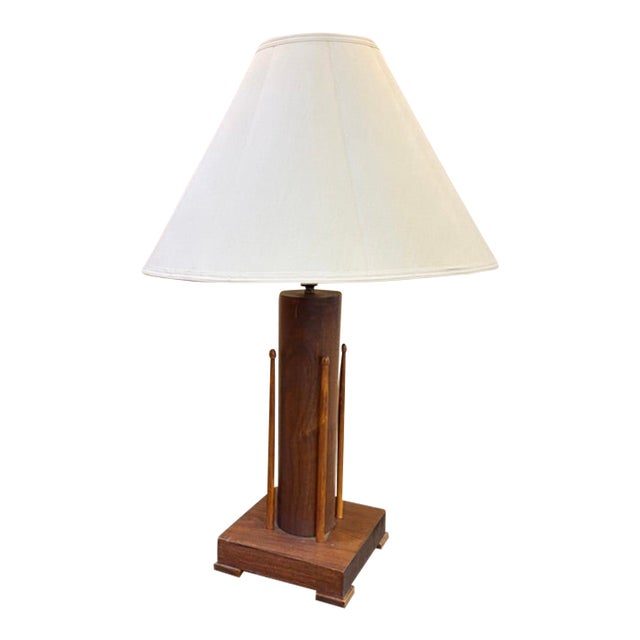 Mid Century Hand Carved Wood Lamp For Sale