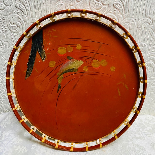 Wood 1930’s Japanese Hand Painted Fish Lacquered Tray Mother of Pearl Trim For Sale - Image 7 of 7