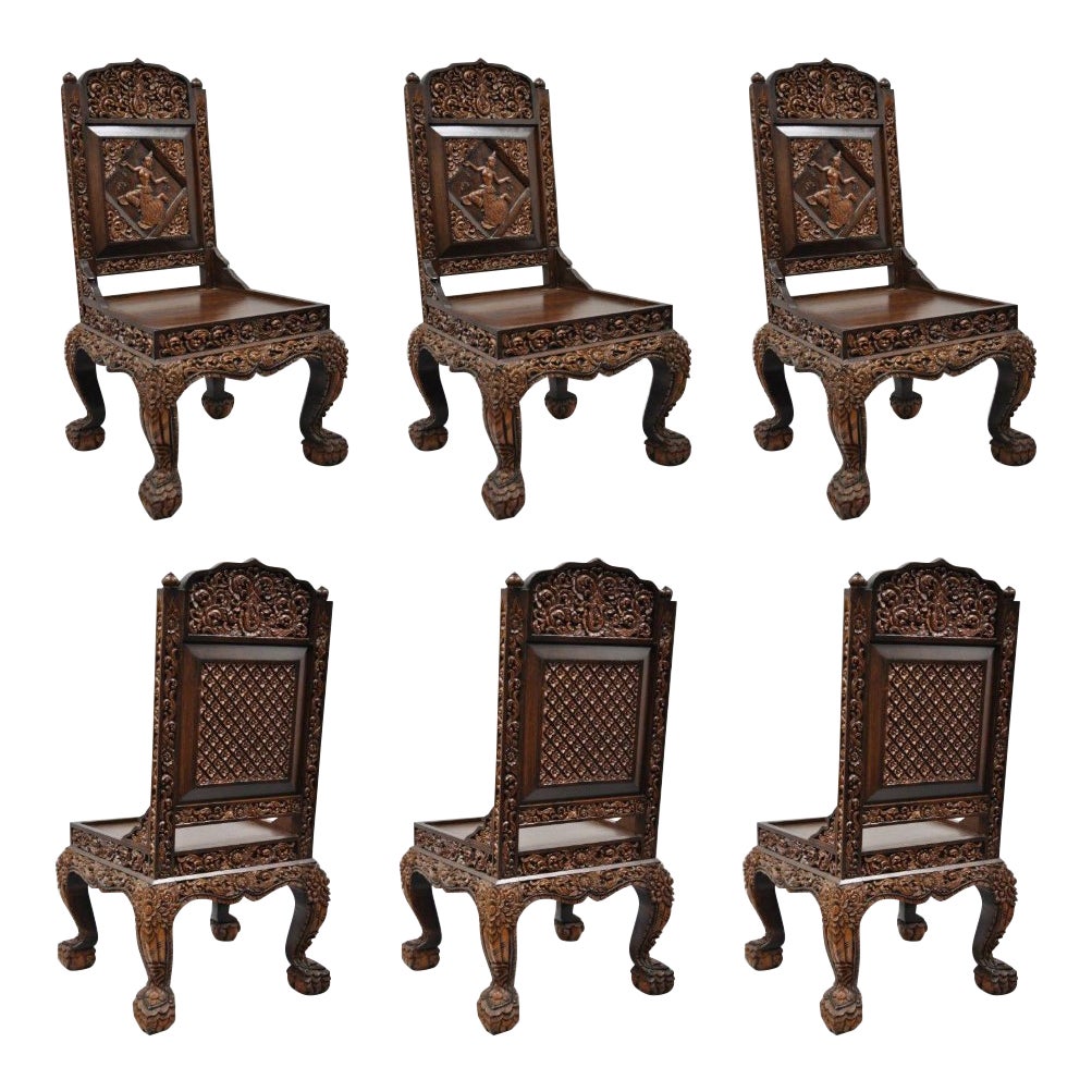 Late 20th Century Vintage Hand Carved Thai Oriental Teak Wood Dining Chairs Set Of 6 Chairish