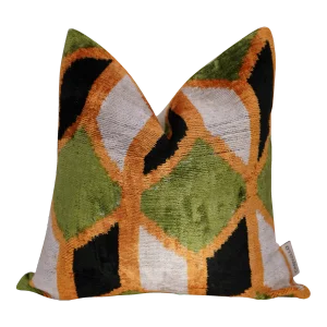 Contemporary Luxury Green Gold Handmade Silk Throw Pillow With Down Insert