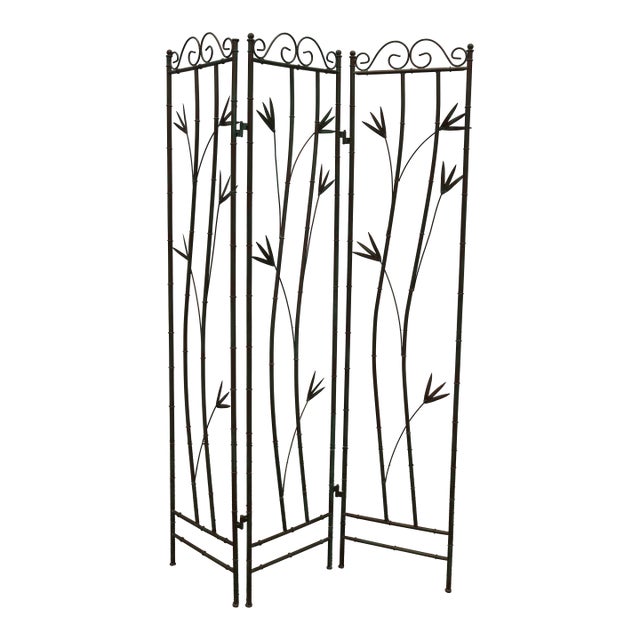 Vintage Three Panel Green and Copper Hand Painted Metal Faux Bamboo Screen Room Divider For Sale
