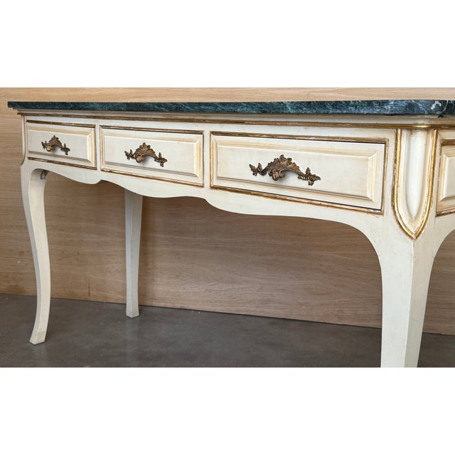 20th Century French White Painted Table Console With Green Marble Top For Sale - Image 13 of 16