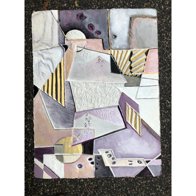 Lavender Original Vintage Abstract Richard Royce Bas Relief Sculpted Paper Painted / Print Signed For Sale - Image 8 of 8
