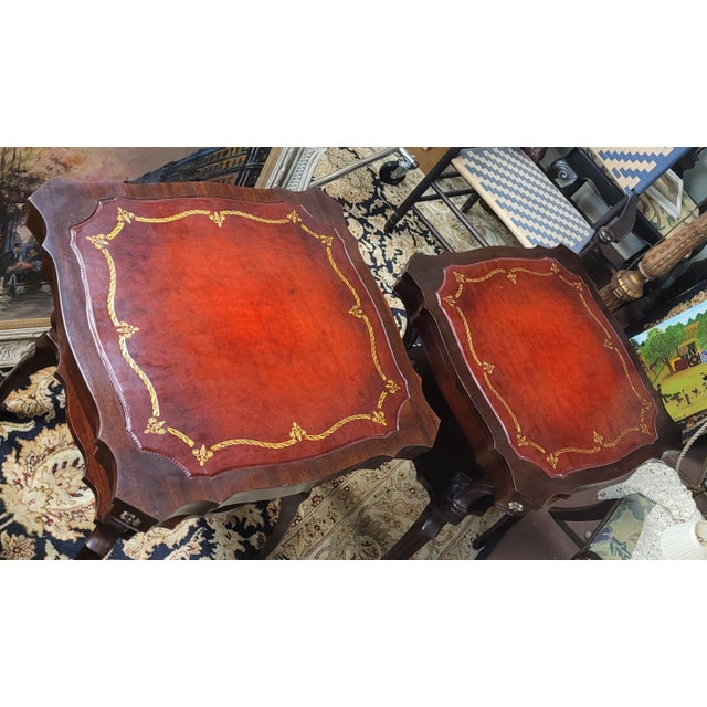 1940s Pair 1940s Red Leather Top Side Table For Sale - Image 5 of 13