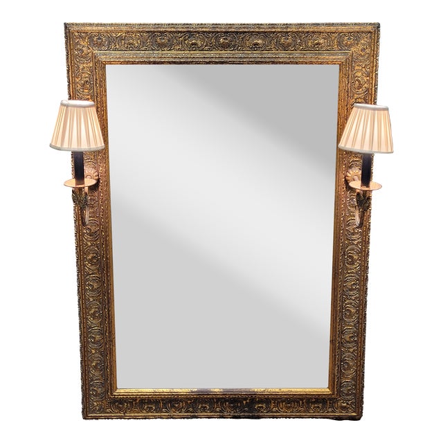 1970s Candle Lit Gilt & Beveled Glass Mirror For Sale